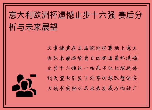 意大利欧洲杯遗憾止步十六强 赛后分析与未来展望
